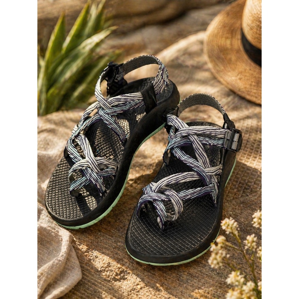Chaco Z/Cloud 2 Womens Size 7 Sandals Double Strap Toe Loop Grey Navy Blue Black